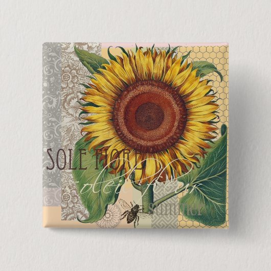 Sonnenblume Vintage Damast Blumenkunst Button (Vorderseite)