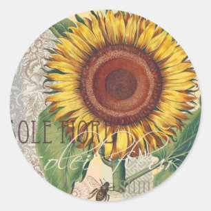 Sonnenblume Vintage Damast Blumenkunst Runder Aufkleber
