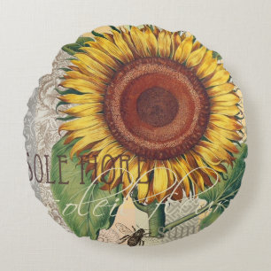 Sonnenblume Vintage Damast Blumenkunst Rundes Kissen