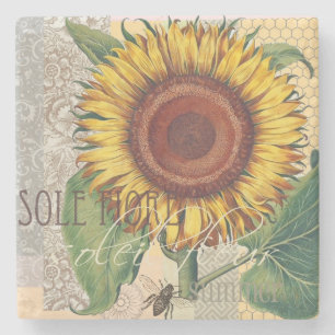 Sonnenblume Vintage Damast Blumenkunst Steinuntersetzer