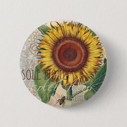 Sonnenblume Vintage Damast Blumenmuster Kunst Button (Vorderseite)