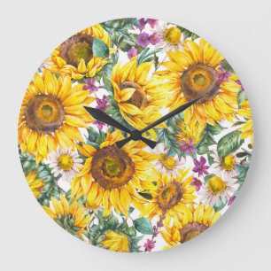 Sonnenblume Vintage: Sommergelbe Blüte. Große Wanduhr
