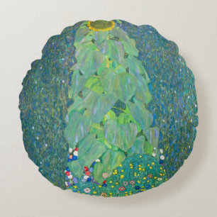 Sonnenblume von Klimt, Vintage Blumen Art Nouveau Rundes Kissen