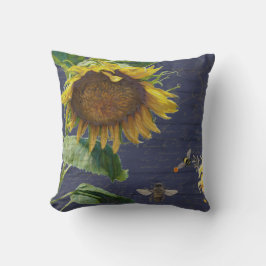 Sonnenblume w Bienen Blumenschrift Rustikales Navy Kissen