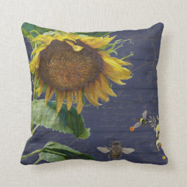 Sonnenblume w Bienen Blumenschrift Rustikales Navy Kissen