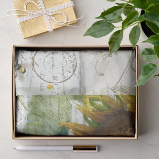 Sonnenblume w Bienen Skript Ephemera Rustic Decoup Seidenpapier (Geschenk)