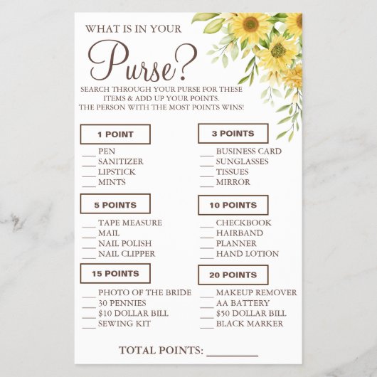 Sonnenblume Was ist in Ihrer Handtasche Duschspiel Flyer (Vorne)