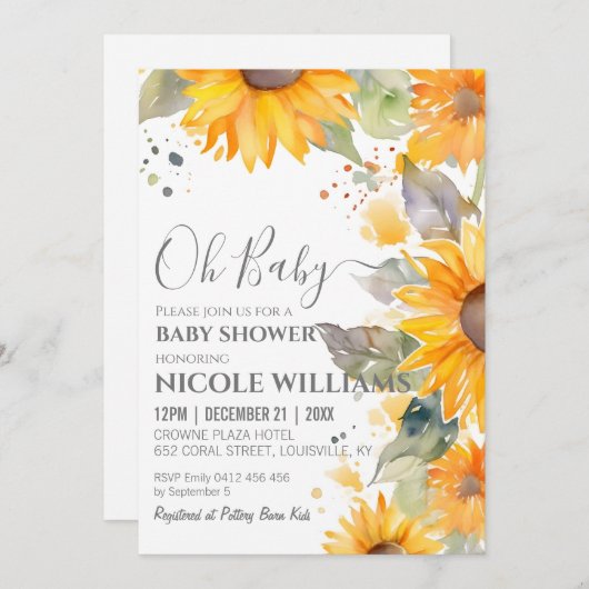 Sonnenblume Wasserfarbe Babydusche Rahmen Einladung (Vorne/Hinten)
