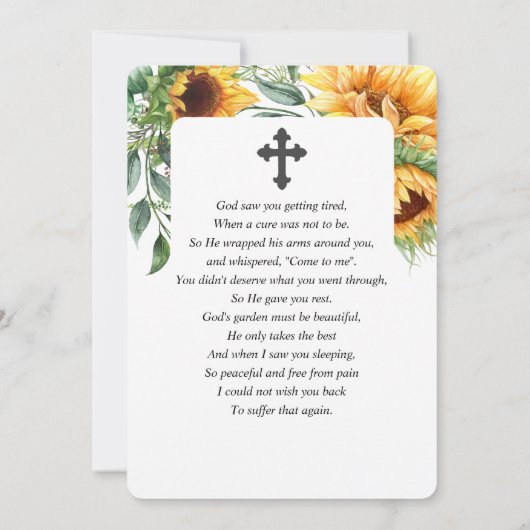 Sonnenblume Wasserfarbe Beileid Beerdigung Gebetsk Dankeskarte (Rückseite)