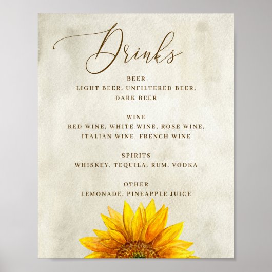 Sonnenblume Wasserfarbe Rustikale Hochzeitgetränke Poster (Vorne)