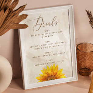 Sonnenblume Wasserfarbe Rustikale Hochzeitgetränke Poster
