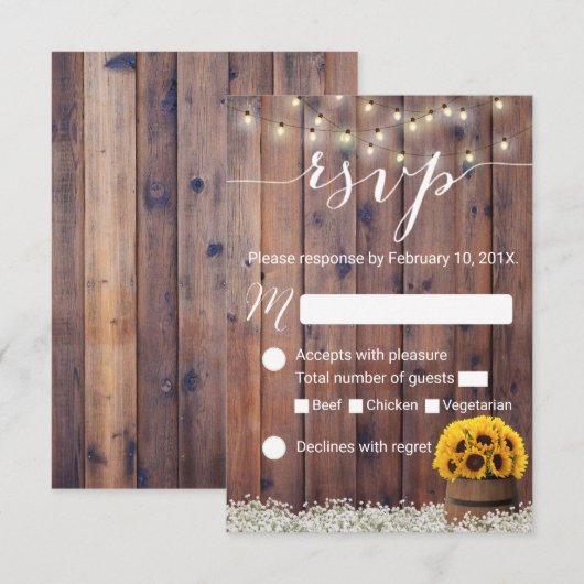 Sonnenblume Wein Barrel Rustic Wedding RSVP Karte (Vorne/Hinten)