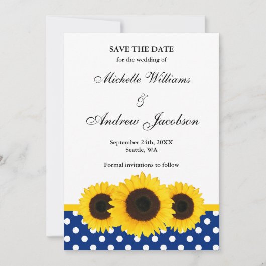 Sonnenblume Weiß und Blau Polka Dot Save the Date (Vorderseite)