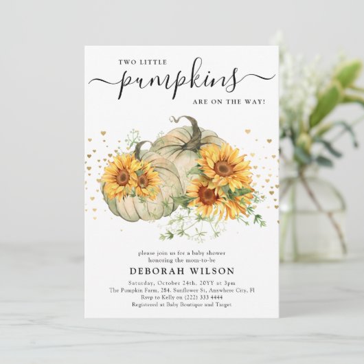 Sonnenblume Weiße Pumpkins Twins Fall Baby Dusche Einladung (Stehend Vorderseite)