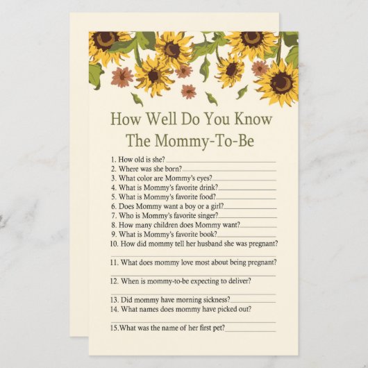 Sonnenblume Wie gut kennen Sie das Baby-Duschspiel (Vorne/Hinten)