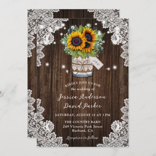 Sonnenblume Wood Mason Jar Blumenzange Hochzeit Einladung (Vorne/Hinten)