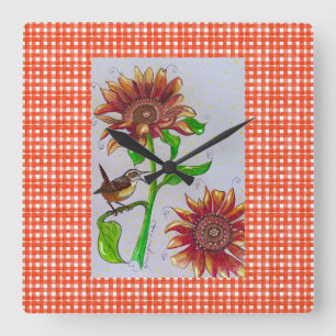 Sonnenblume Wren Wall Clock Quadratische Wanduhr