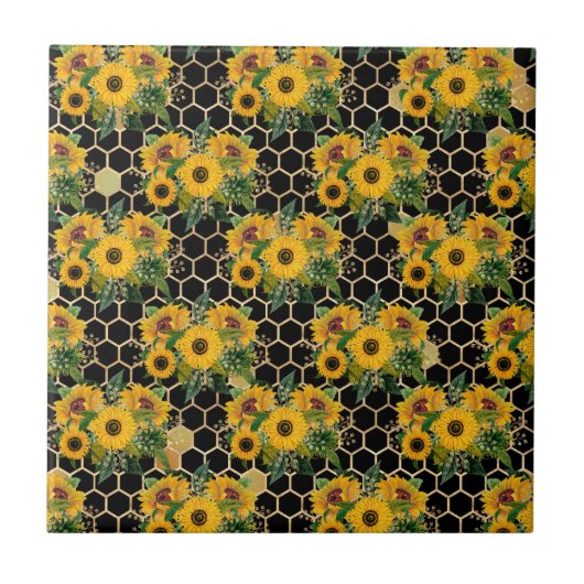 Sonnenblume Yellow Bouquet Honeycomb Black Fliese (Vorderseite)