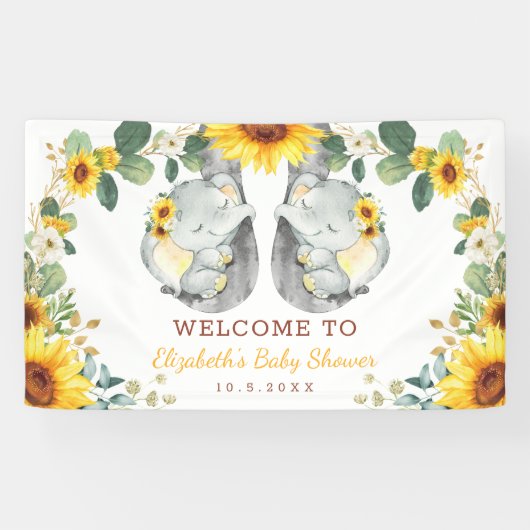 Sonnenblume Zwei Elefanten Babies Dusche Hintergru Banner (Horizontal)