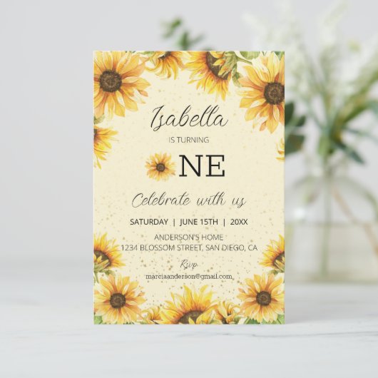 Sonnenblumen 1. Geburtstag Einladung (Stehend Vorderseite)