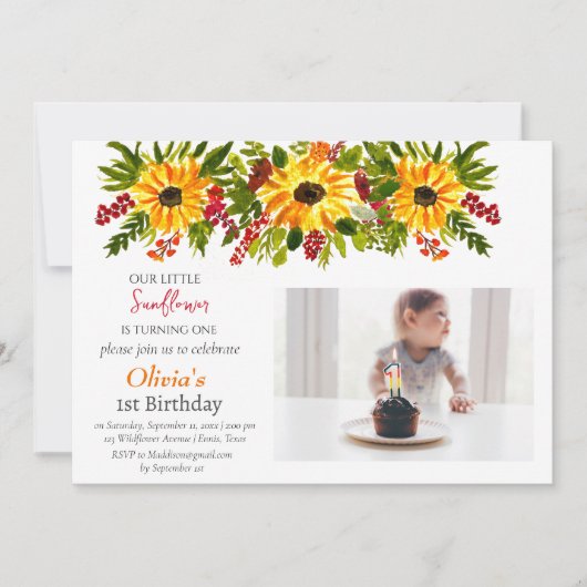Sonnenblumen 1. Geburtstags-Girl-Foto Einladung (Vorderseite)