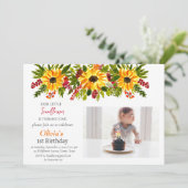 Sonnenblumen 1. Geburtstags-Girl-Foto Einladung (Stehend Vorderseite)