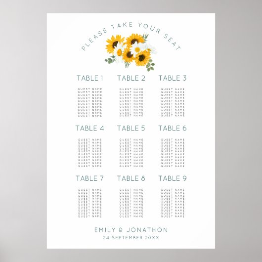 Sonnenblumen 9 Tische 90 Gästekarte Poster (Vorne)