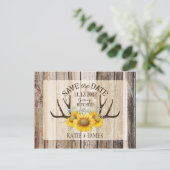 Sonnenblumen Antlers Wood Rustic Save the Date Ankündigungspostkarte (Stehend Vorderseite)