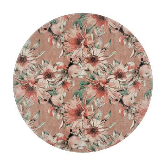 Sonnenblumen, Äpfel: Wasserfarbenmuster im Herbst Schneidebrett (Vorderseite)