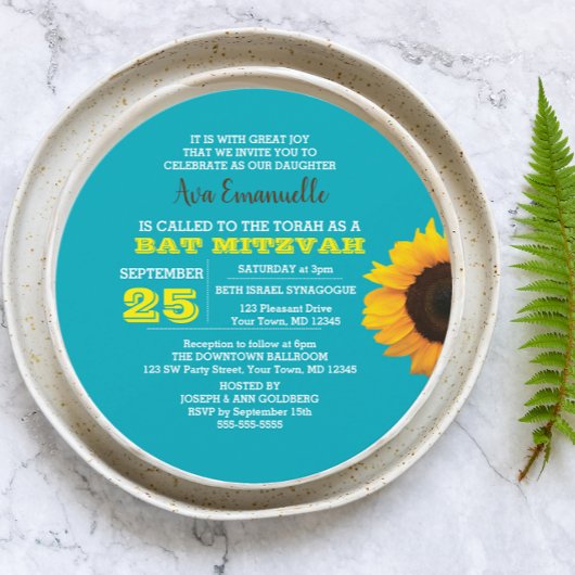 Sonnenblumen Aqua Rund Bat Mitzvah Einladung