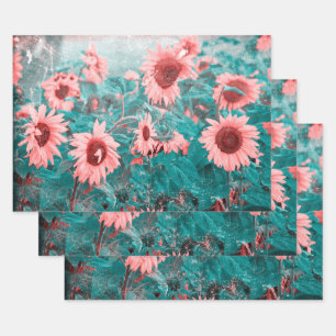 Sonnenblumen Aquamarin Rosa Blume Vintage Textur K Geschenkpapier Set