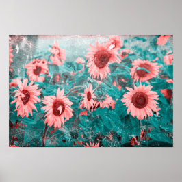 Sonnenblumen Aquamarin Rosa Blütenbraun Vintag Gru Poster
