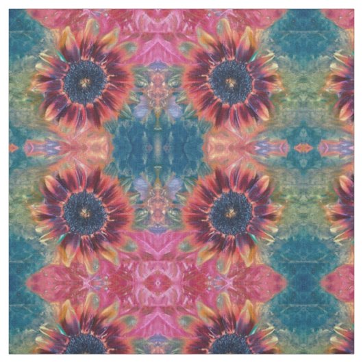 Sonnenblumen Aquamarin Rotes Orange Rosa Rustikale Stoff (Muster)