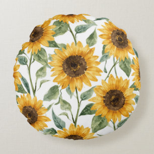 Sonnenblumen Aquarell Floral Gelbe Malerei Rundes Kissen