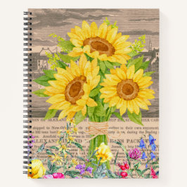 Sonnenblumen, Aquarellfarben-Blume, Vintage Zeitun Notizblock