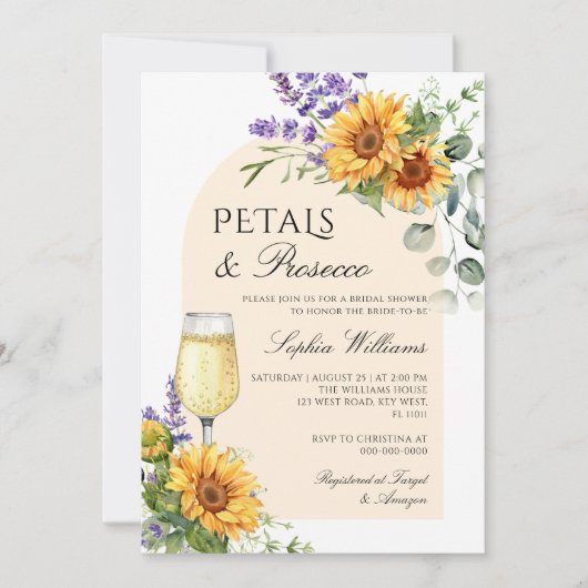 Sonnenblumen Arch Petals & Prosecco Brautparty Einladung (Vorderseite)