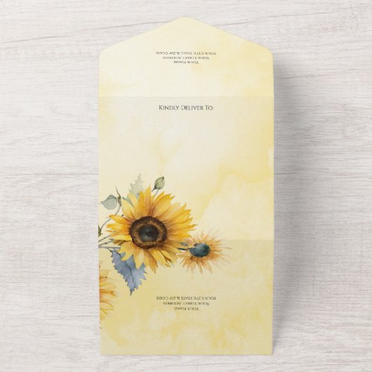 Sonnenblumen auf Aquarellgolden mit QR-Code All In One Einladung (Außenbereich)