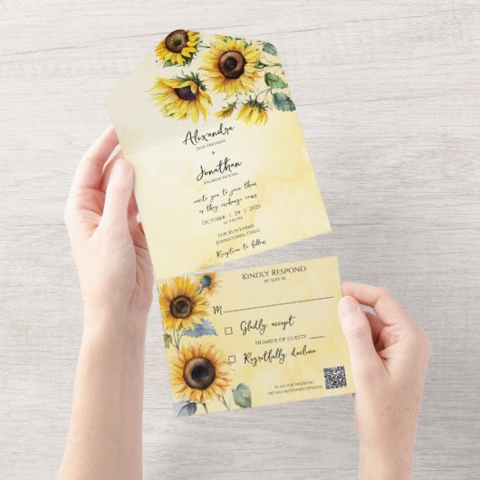 Sonnenblumen auf Aquarellgolden mit QR-Code All In One Einladung (Abreißen)