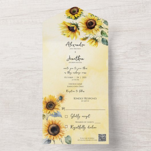 Sonnenblumen auf Aquarellgolden mit QR-Code All In One Einladung (Innen Boden)