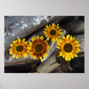 Sonnenblumen auf Baumstämmen Braun Gelb Vintage Ru Poster