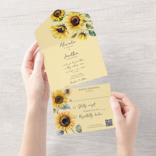 Sonnenblumen auf Blassgolden QR-Code All In One Einladung (Abreißen)