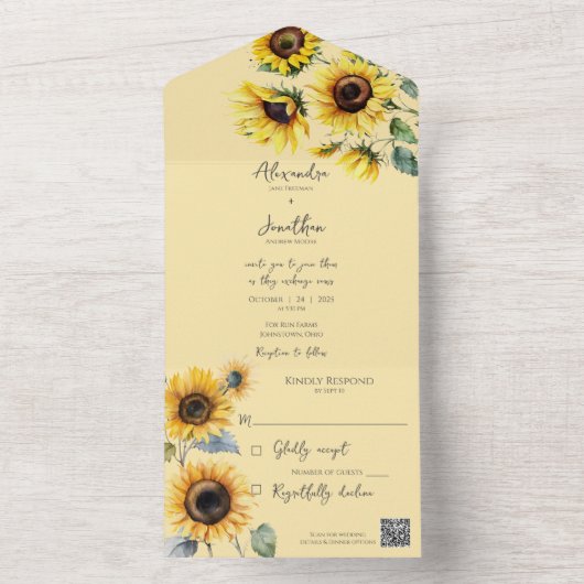 Sonnenblumen auf Blassgolden QR-Code All In One Einladung (Innen Boden)