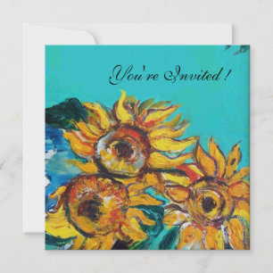 SONNENBLUMEN AUF BLAU-TÜRKIS EINLADUNG ZUM SOMMERP