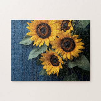 Sonnenblumen auf blauem Navy-Holz Puzzle