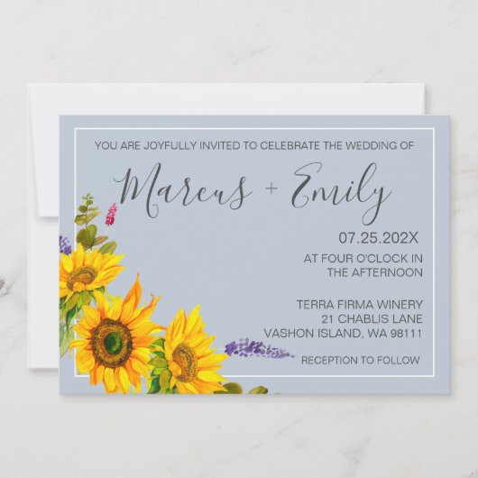 Sonnenblumen auf blauem QR-Code Hochzeitsempfang Einladung (Vorderseite)