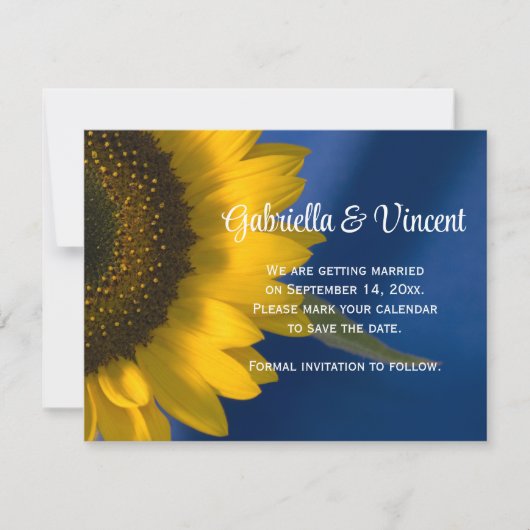 Sonnenblumen auf Blauer Hochzeit Speichern Sie das Save The Date (Vorderseite)