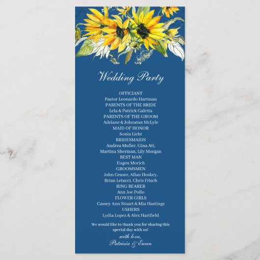 Sonnenblumen auf Blue Wedding Programm (Rückseite)