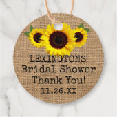 Sonnenblumen auf Burlap Fall Brautparty Vielen Dan Geschenkanhänger (Vorderseite)
