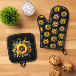 Sonnenblumen auf dem Mitt aus schwarzem Ofen und d Ofenhandschuh & Topflappen-Set