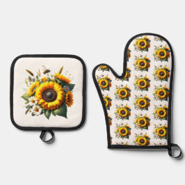 Sonnenblumen auf dem Mitt aus Weißoven und den Töp Ofenhandschuh & Topflappen-Set